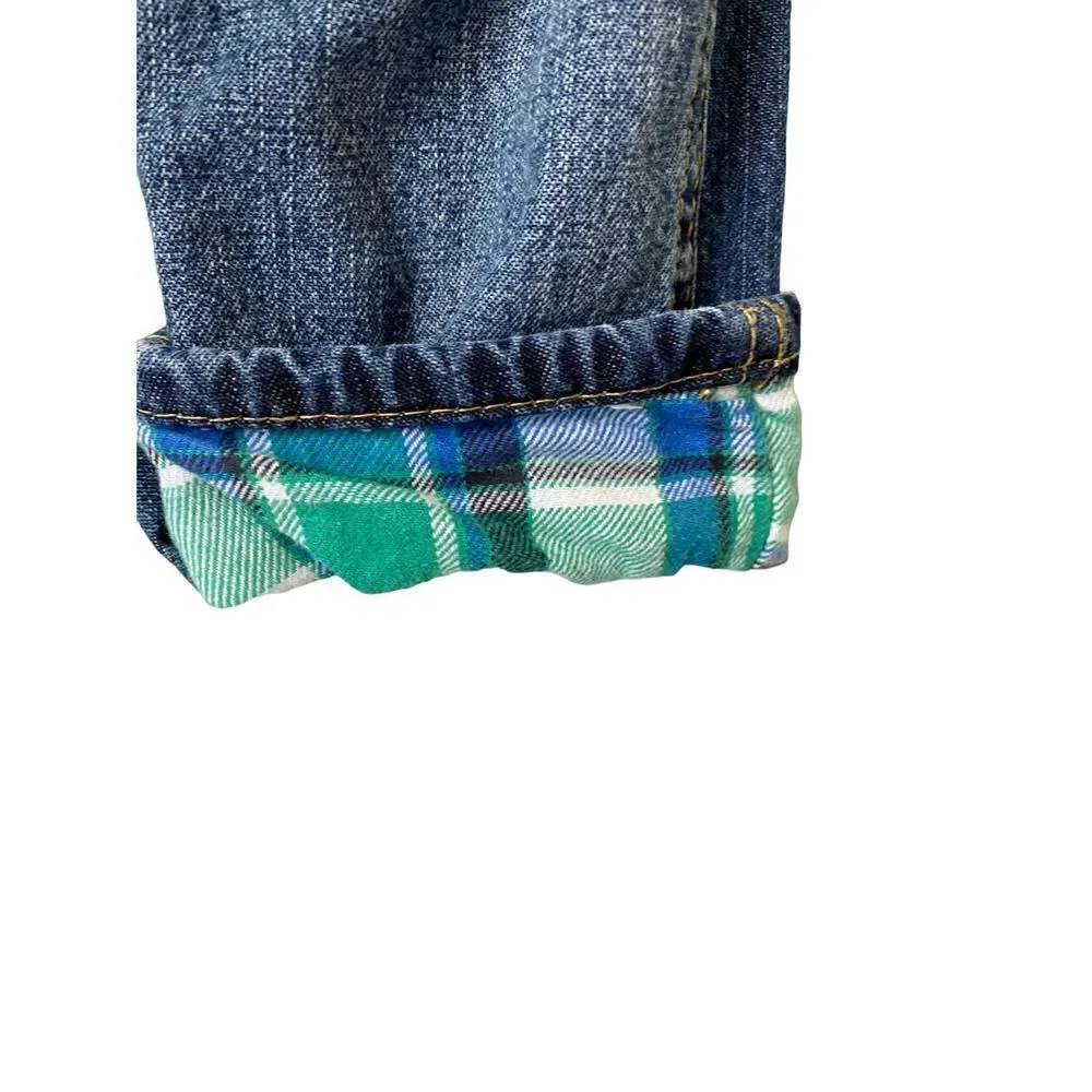 Oshkosh by gosh flannel lined jean overalls/bibs green blue and white size 18 mo